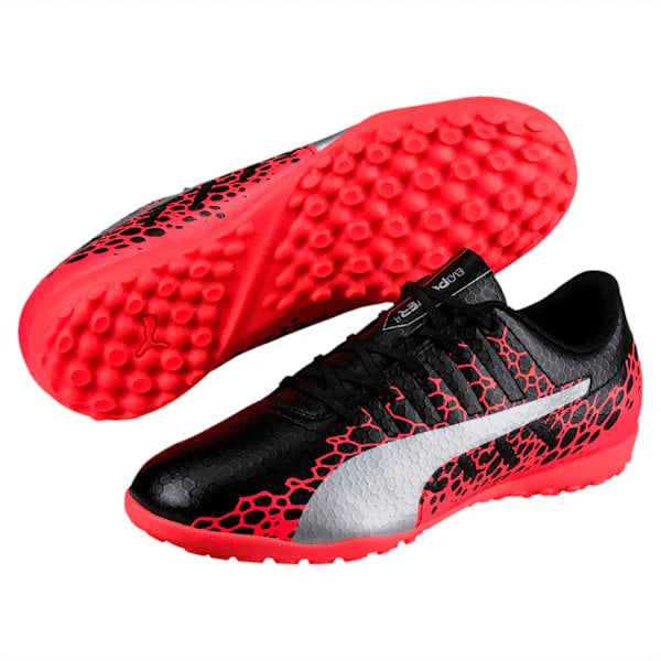 PUMA Kids Evopower Vigor 4 Graph TT Jr Turf Soccer Boots Black Silver Fiery Coral