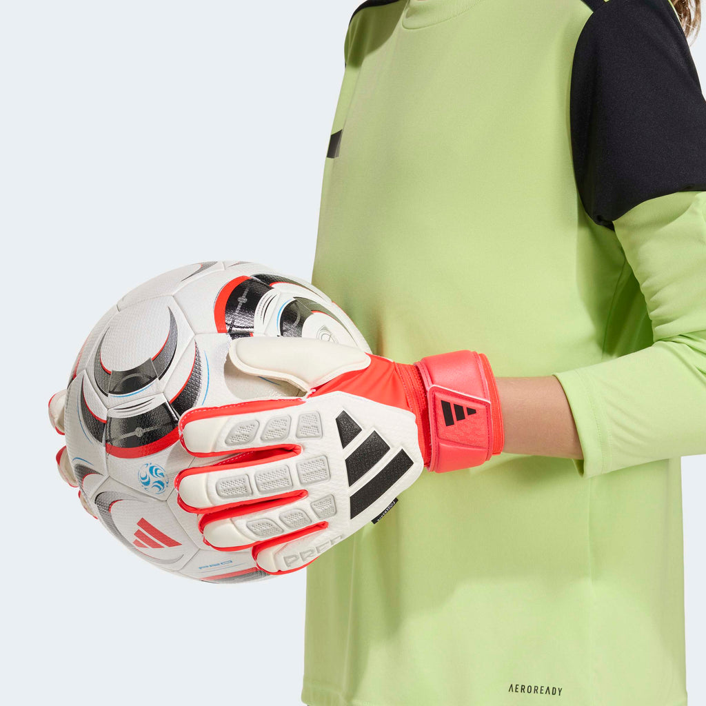 adidas Predator Match Fingersave Goalkeeper Youth Soccer Gloves White Red Black
