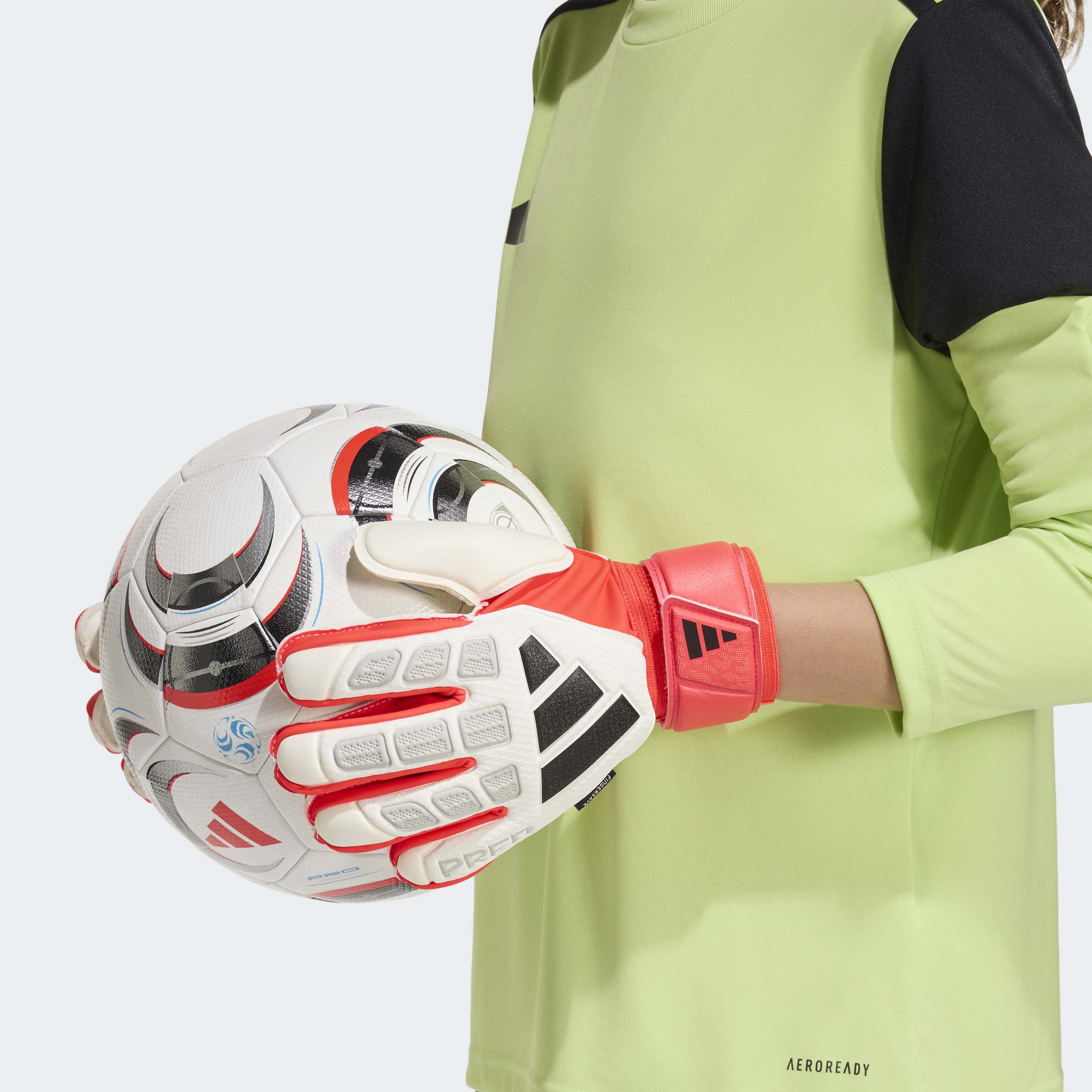 adidas Predator Match Fingersave Goalkeeper Youth Soccer Gloves White Red Black