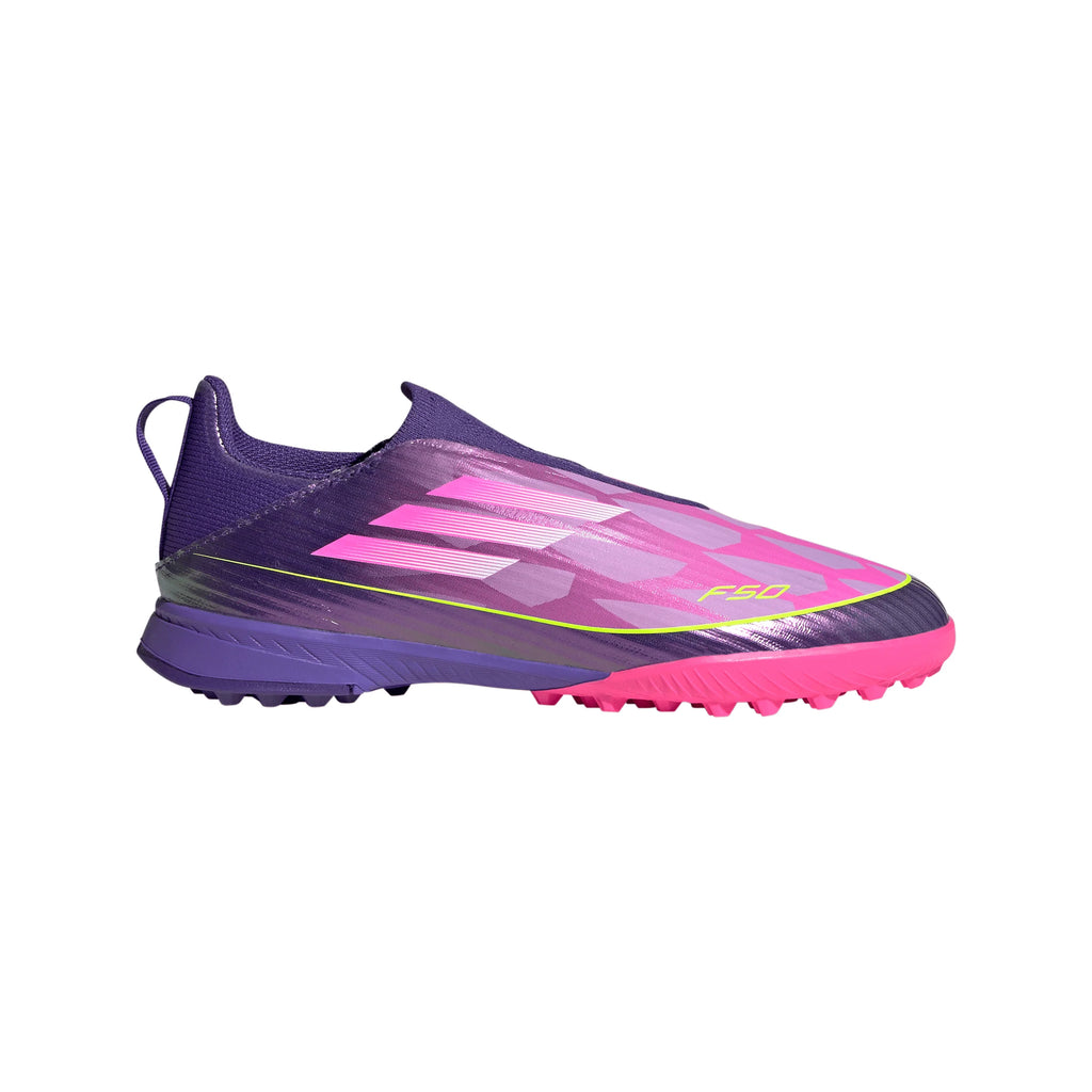 adidas F50 LEAGUE Laceless TF Youth Soccer Cleats Purple White Lemon