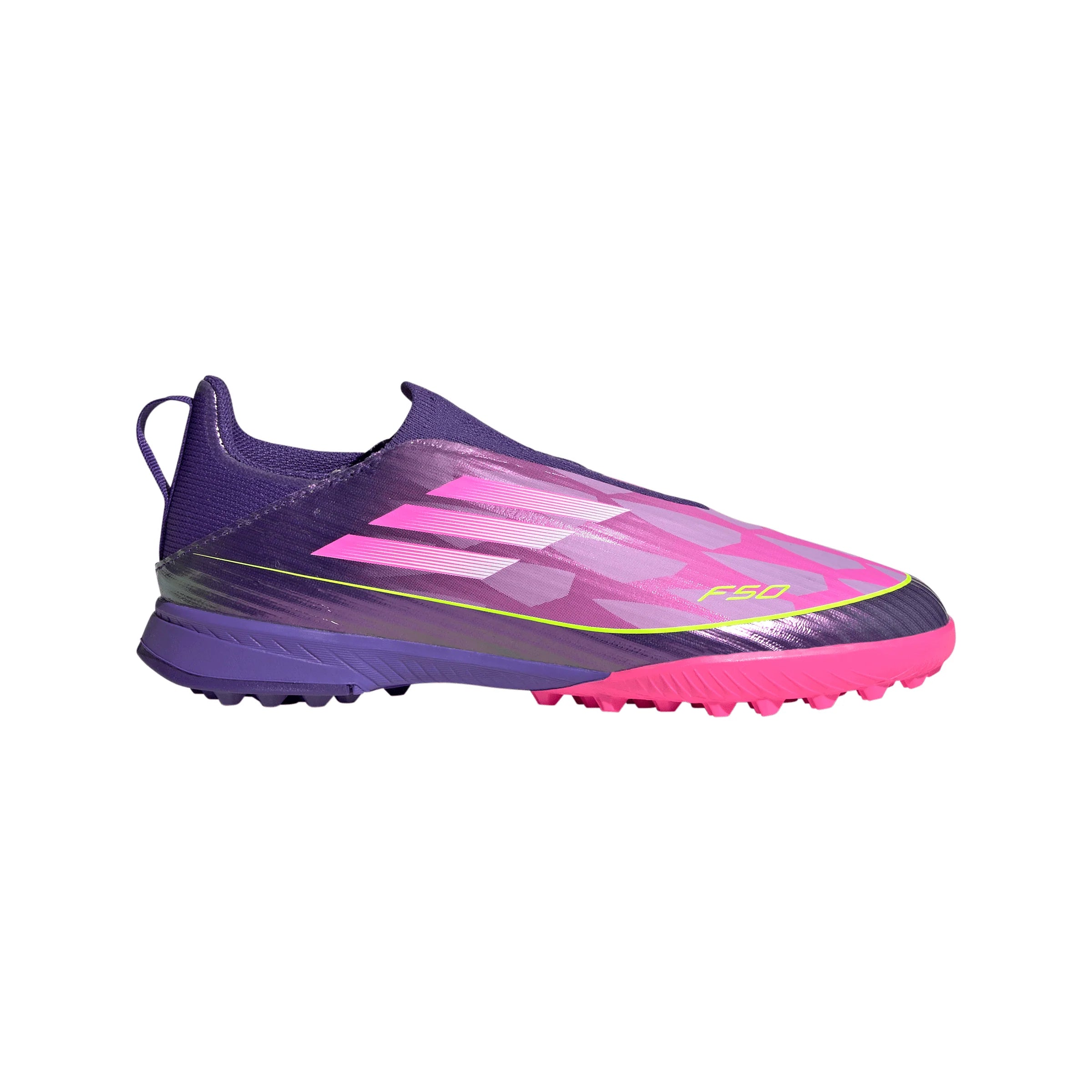 adidas F50 LEAGUE Laceless TF Youth Soccer Cleats Purple White Lemon