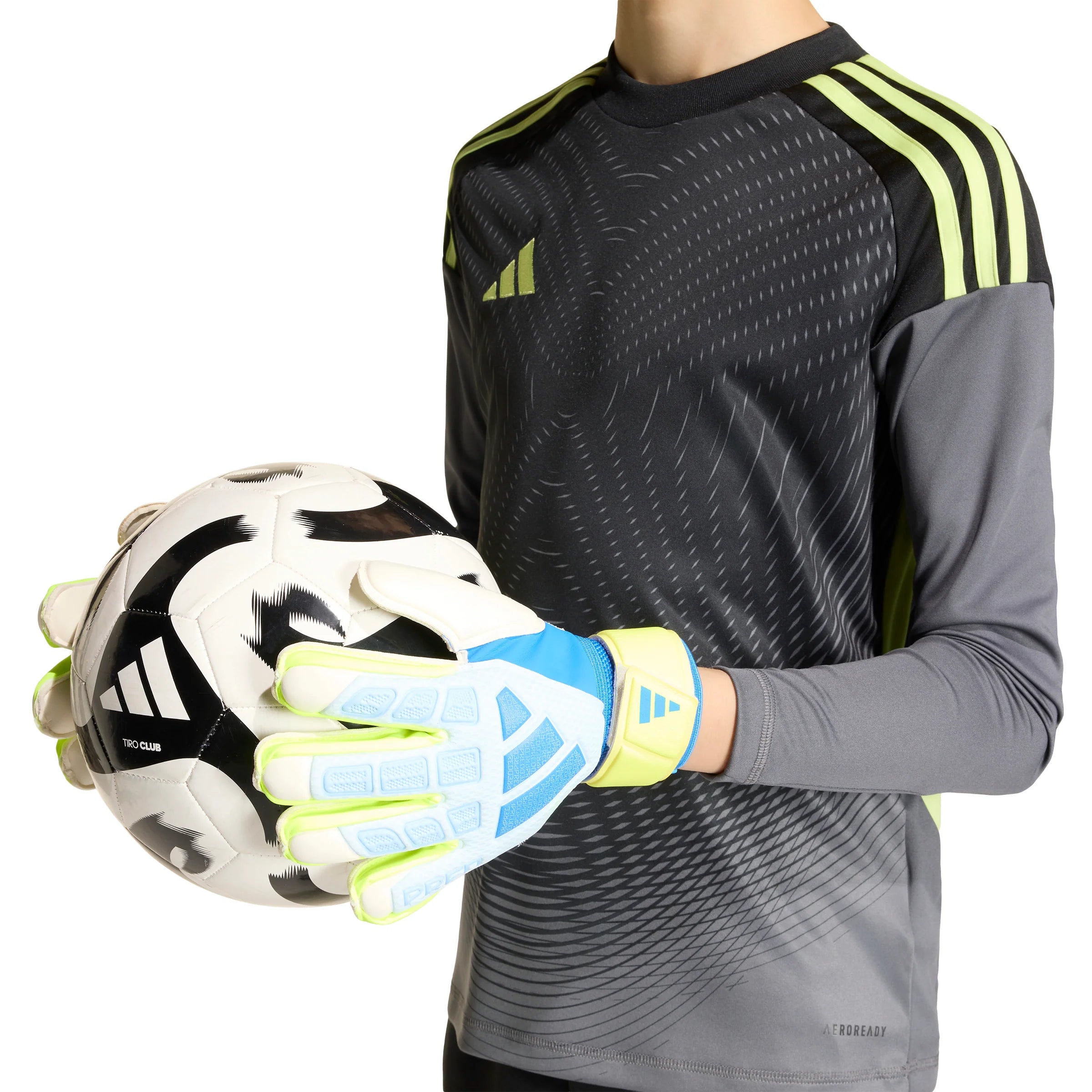 adidas Predator Match Fingersave Goalkeeper Youth Soccer Gloves Sky Blue Yellow