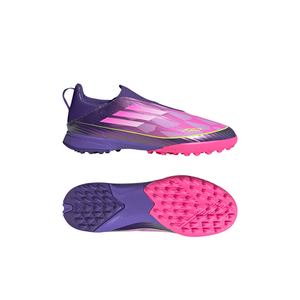 adidas F50 LEAGUE Laceless TF Youth Soccer Cleats Purple White Lemon