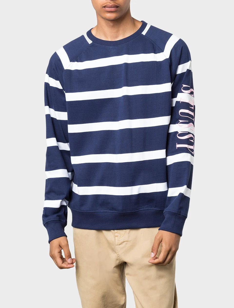 Striped Raglan Crew Mens Shirt Navy