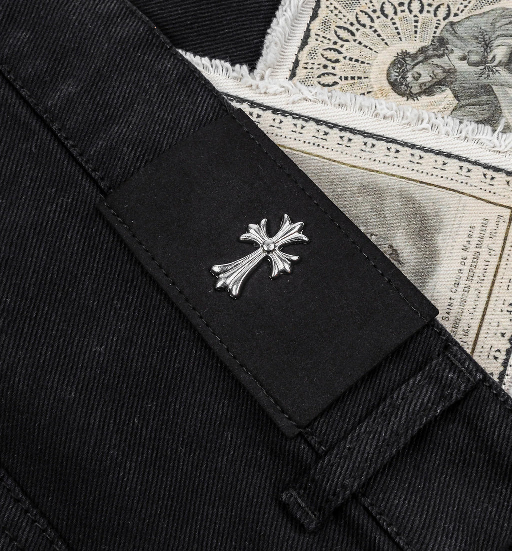 Crosses Patched Denim Mens Pants Black White