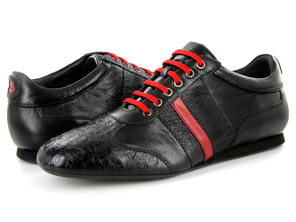 Zapatos Cuadra Negro y Rojo en Piel de Avestruz y Lizard