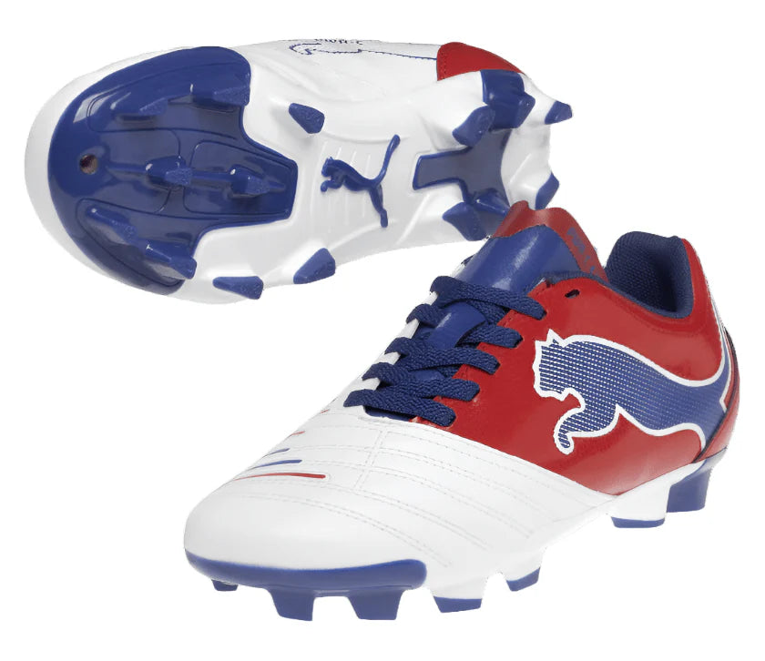 PUMA PowerCat 412 FG Jr Firm Ground Soccer Cleats White Red Blue