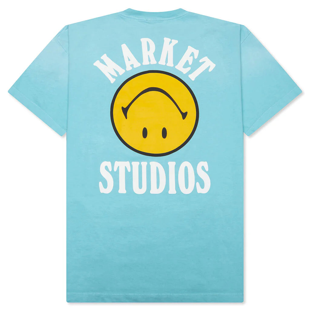 Smiley Upside Down Lockup T Shirt Retro Blue