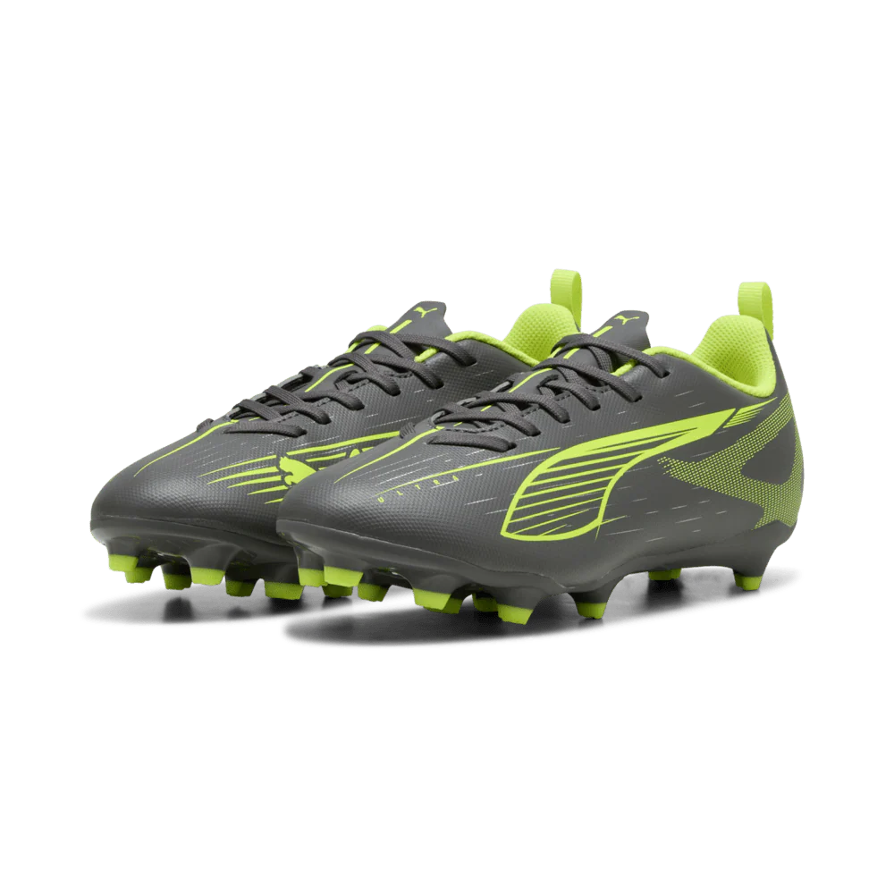 PUMA Ultra 5 Play FG AG Firm Multi Ground Youth Soccer Cleats Matte Aged Yellow Alert Aged Silver