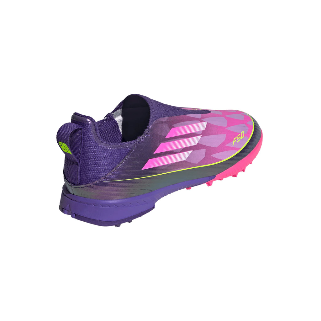 adidas F50 LEAGUE Laceless TF Youth Soccer Cleats Purple White Lemon