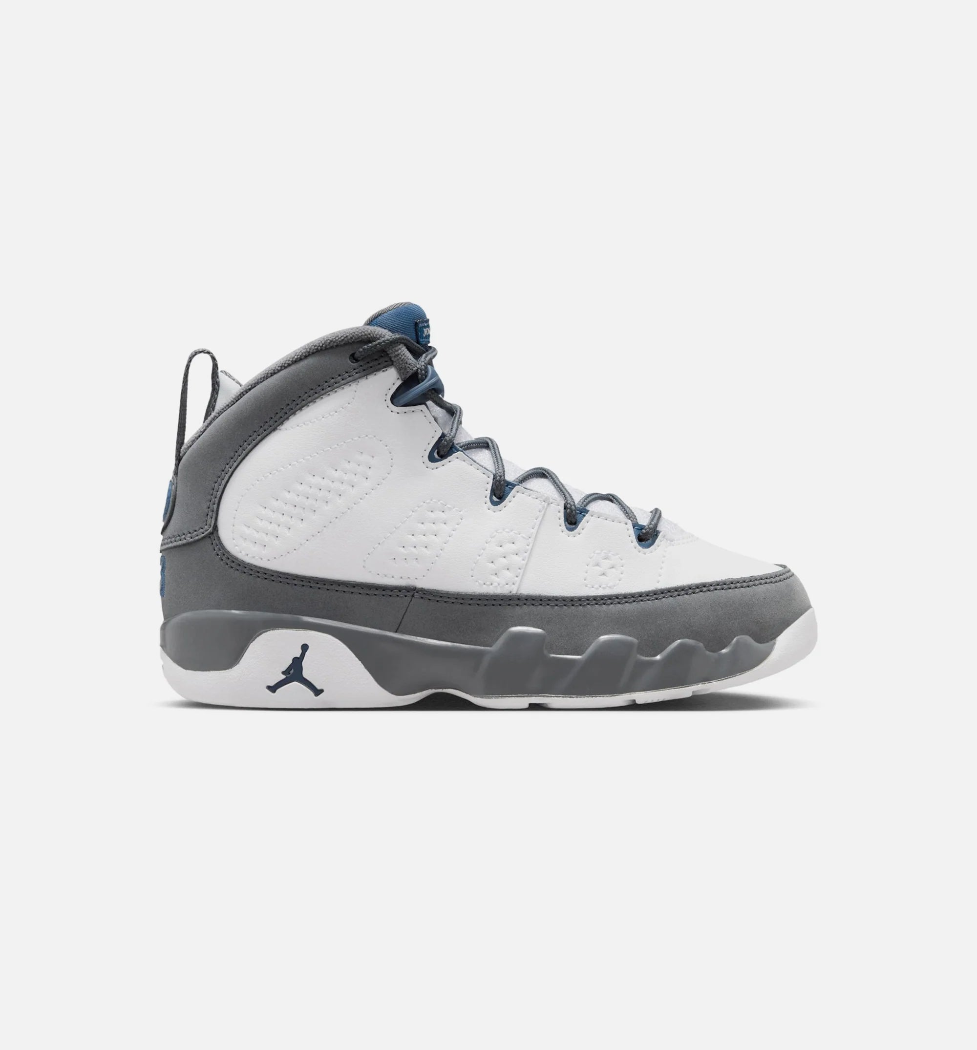 Air Jordan 9 Retro Flint Grey and French Blue Preschool Lifestyle Shoe White French Blue Flint Grey