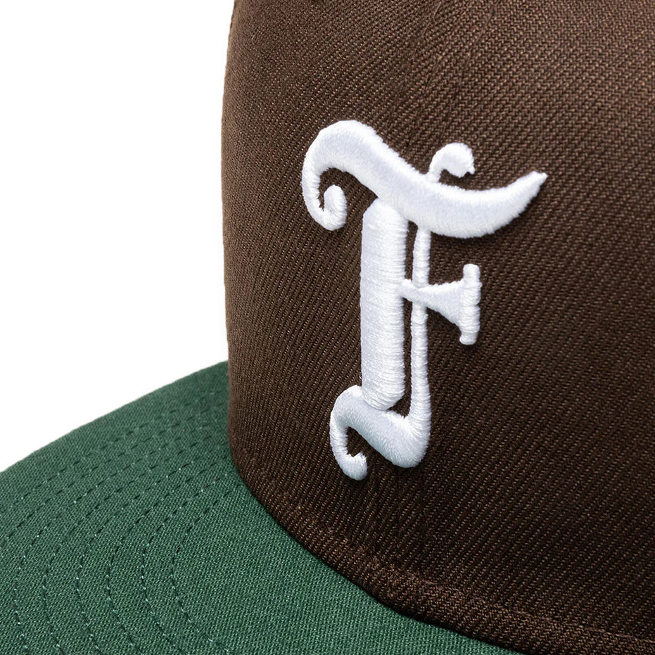 Feature x New Era Old English F Snapback Hat w Pin Walnut Cilantro Green