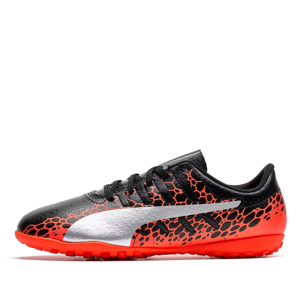 PUMA Kids Evopower Vigor 4 Graph TT Jr Turf Soccer Boots Black Silver Fiery Coral