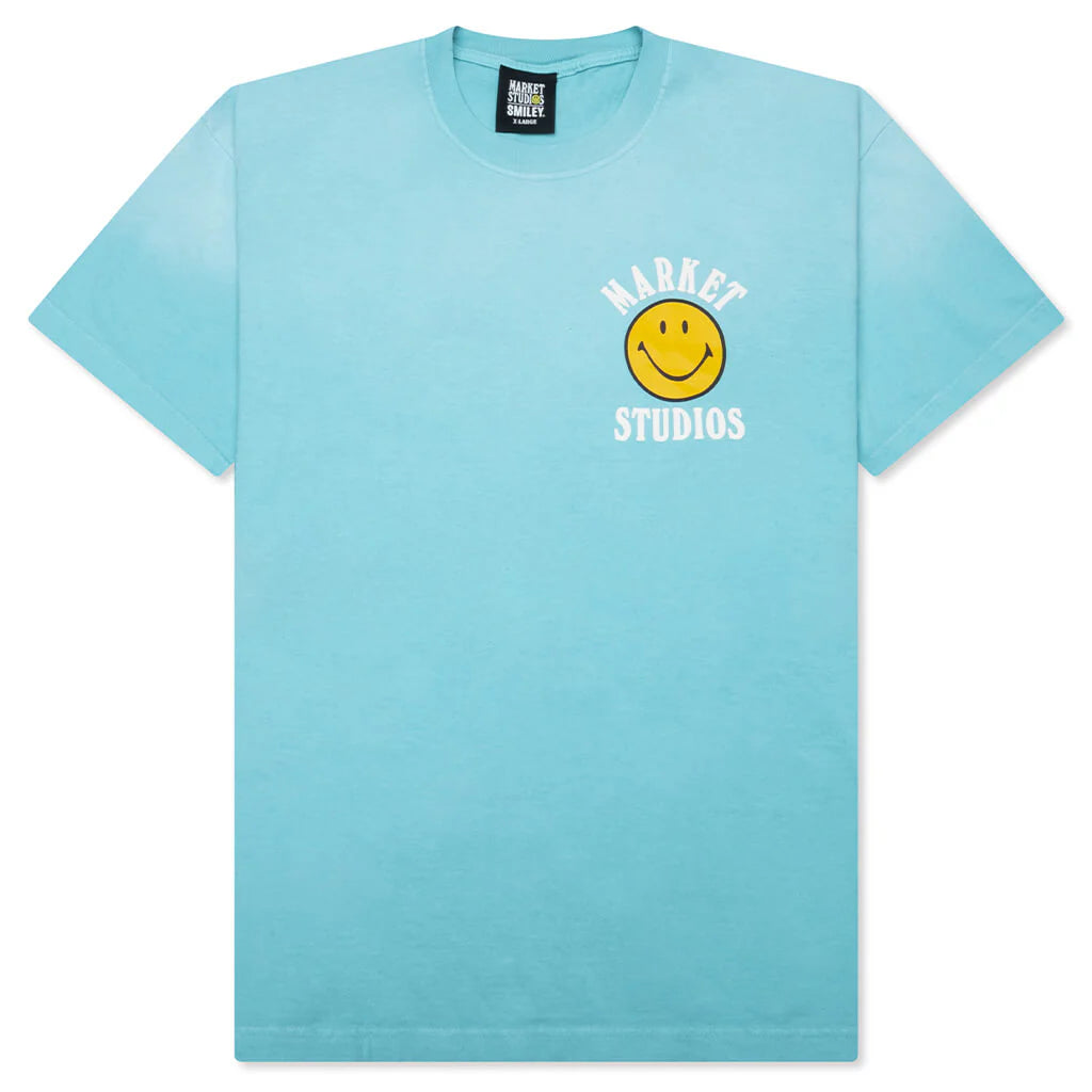 Smiley Upside Down Lockup T Shirt Retro Blue