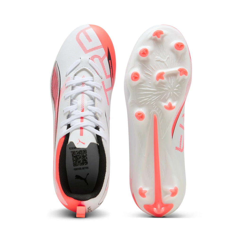PUMA Ultra 5 Play FG AG Firm Multi Ground Youth Soccer Cleats White Black Glowing Red