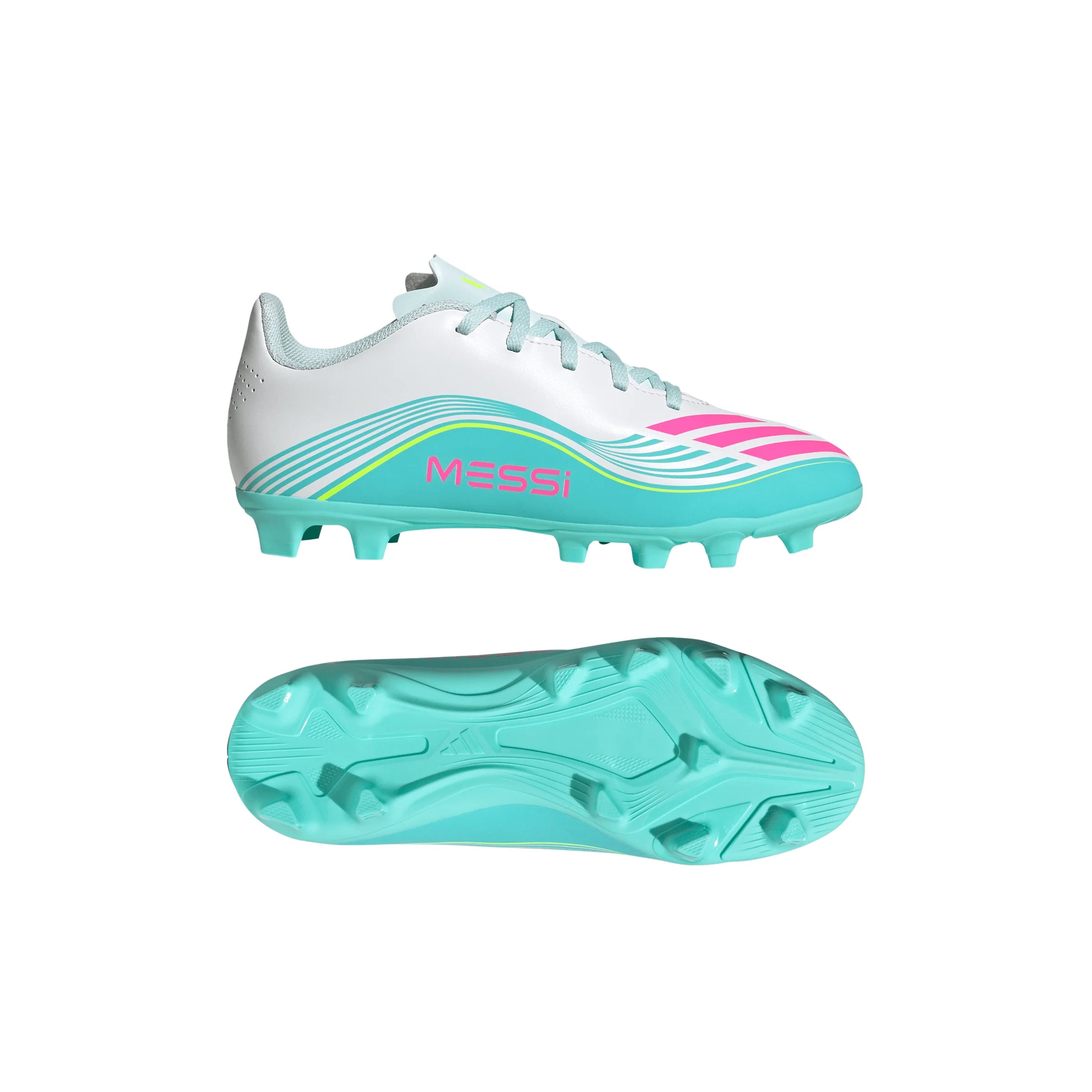adidas F50 Messi Club Firm Ground Multi Ground Youth Soccer Cleats White Pink Aqua