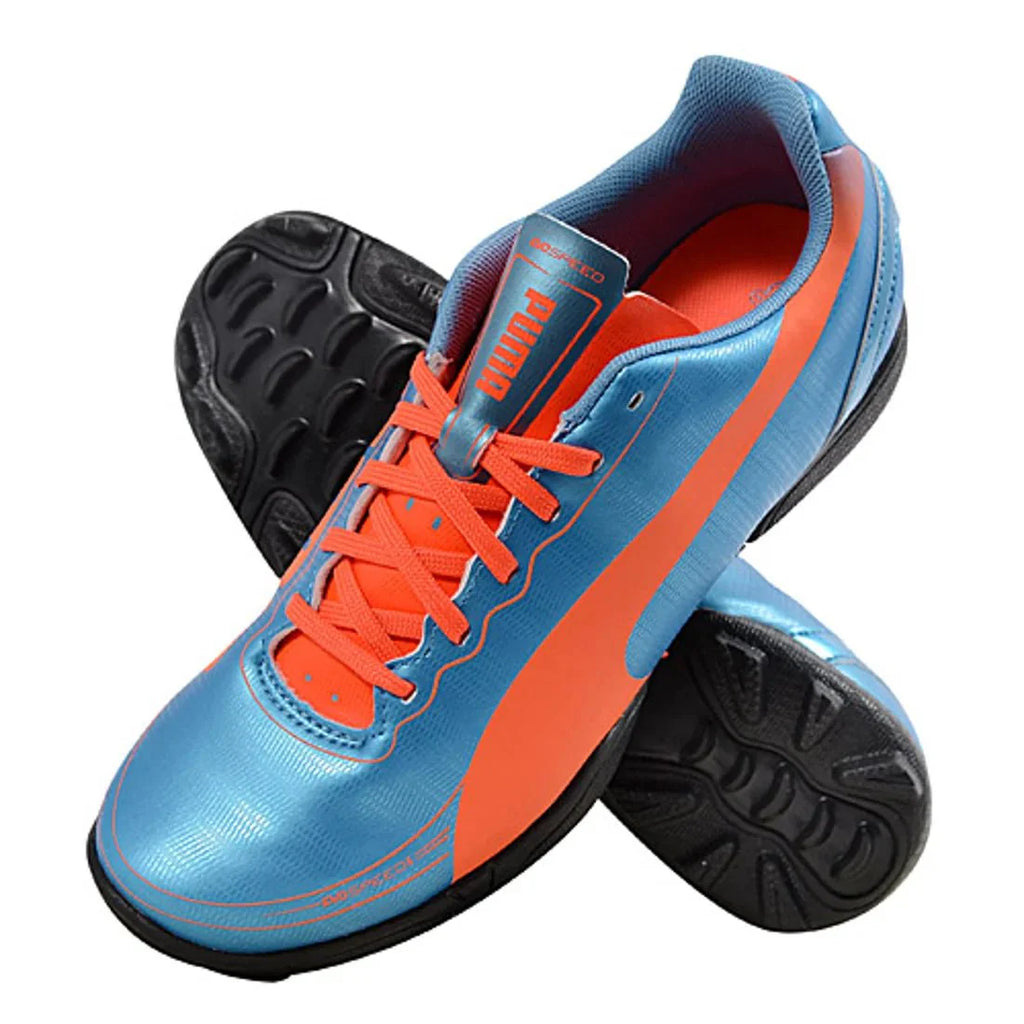 PUMA Kids evoSPEED 52 TT Jr Turf Football Boots Blue Fluro Peach