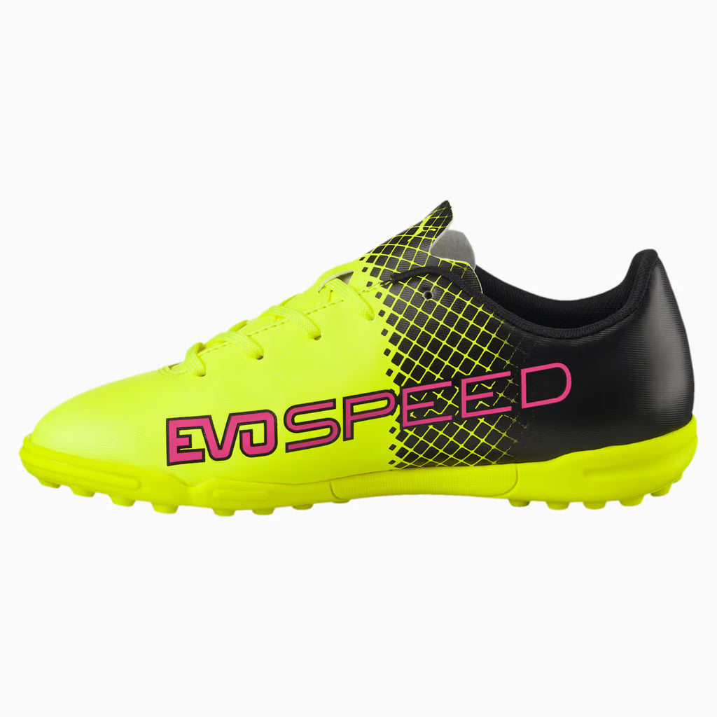 PUMA Evopower 43 Tricks TT JR Turf Youth Soccer Cleats Pink Glo Safety Yellow