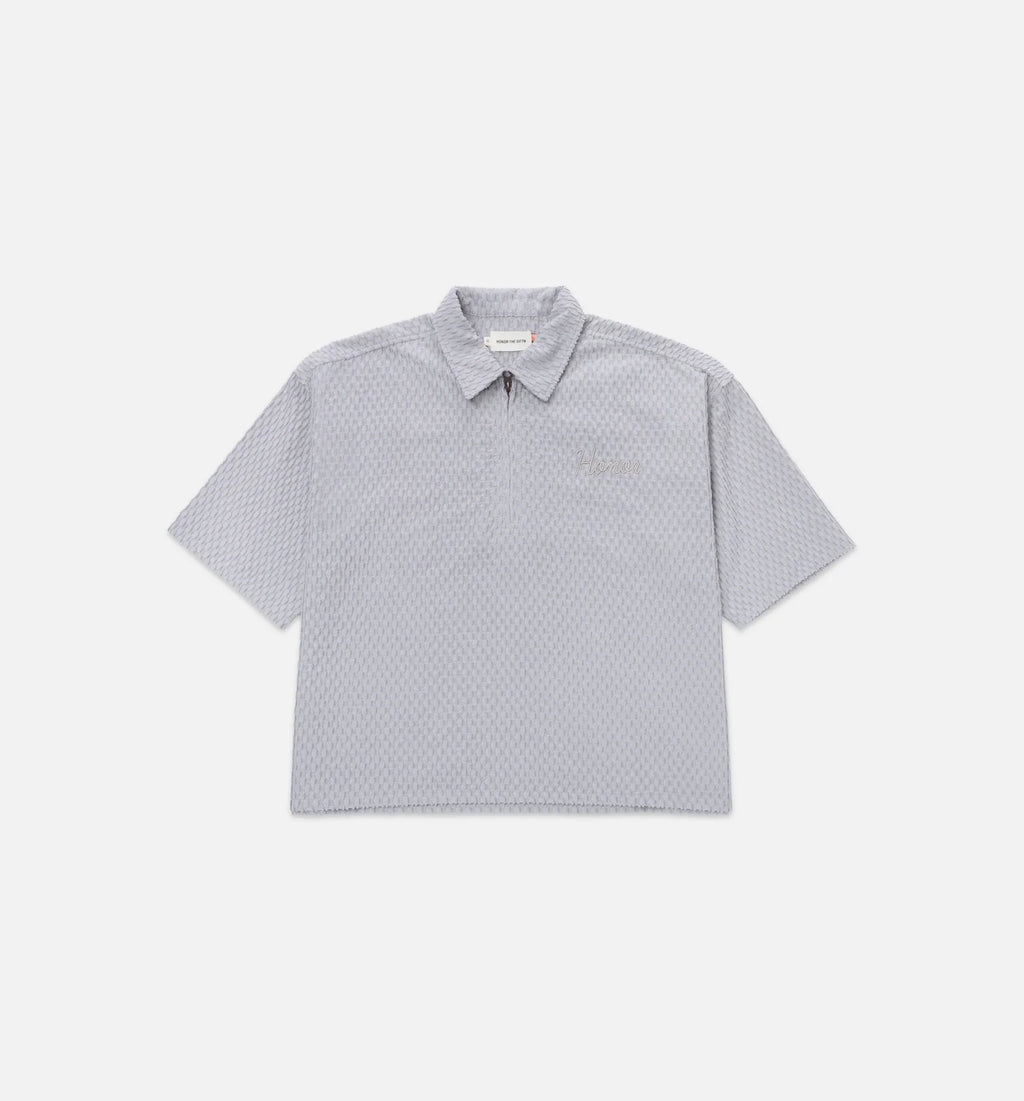 Textured Knit Quarter Zip Mens Short Sleeve Shirt Grey