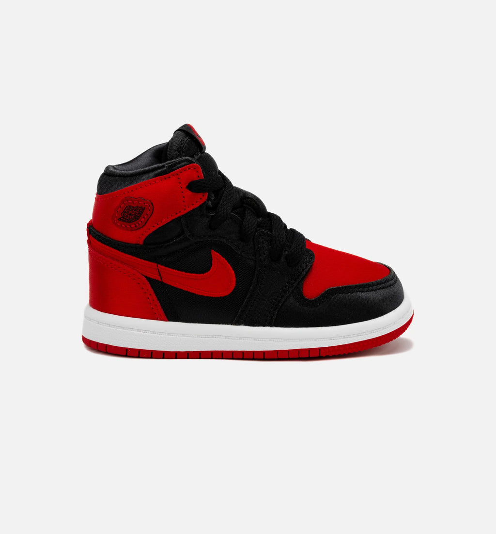 Air Jordan 1 Retro Hi OG Satin Bred Infant Toddler Lifestyle Shoe Black Red Free Shipping
