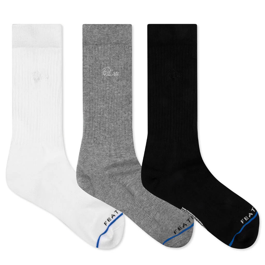 Tonal Script Crew Sock Heather Grey Black White 3 Pack