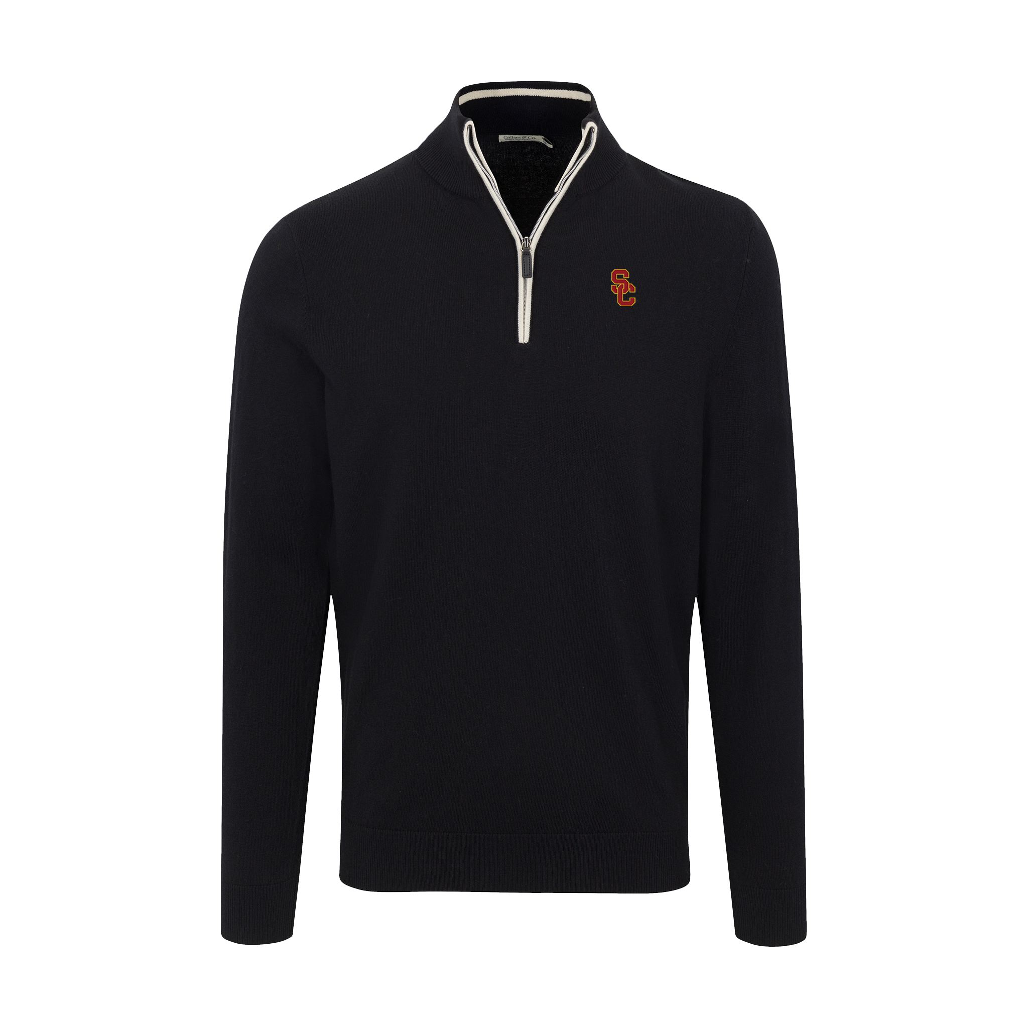 USC Black with White Trim Luxury Touch Cotton and Cashmere Quarter Zip Sweater