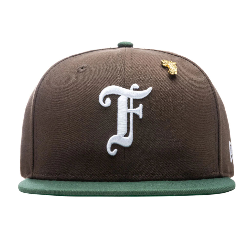 Feature x New Era Old English F Snapback Hat w Pin Walnut Cilantro Green