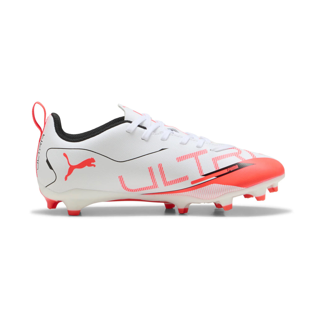 PUMA Ultra 5 Play FG AG Firm Multi Ground Youth Soccer Cleats White Black Glowing Red