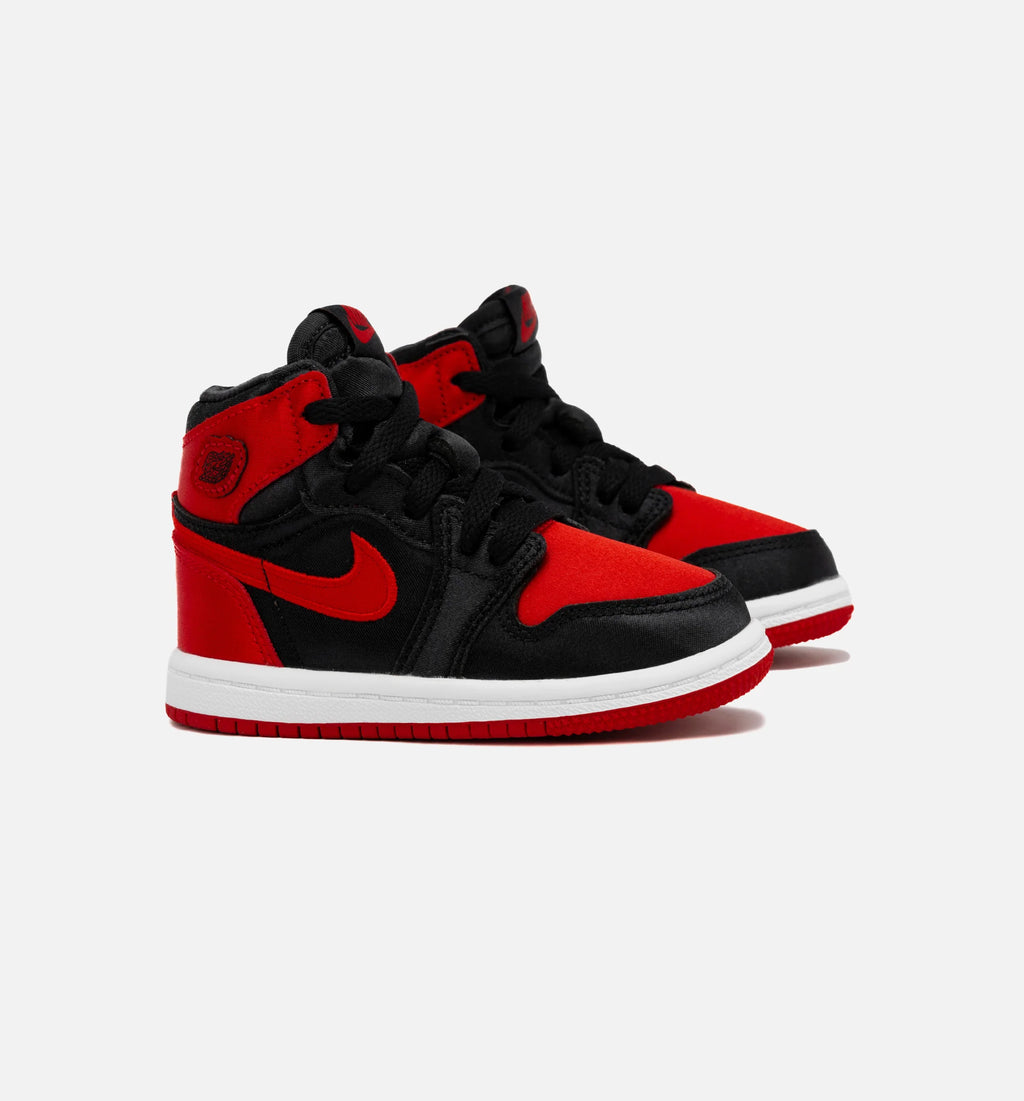 Air Jordan 1 Retro Hi OG Satin Bred Infant Toddler Lifestyle Shoe Black Red Free Shipping