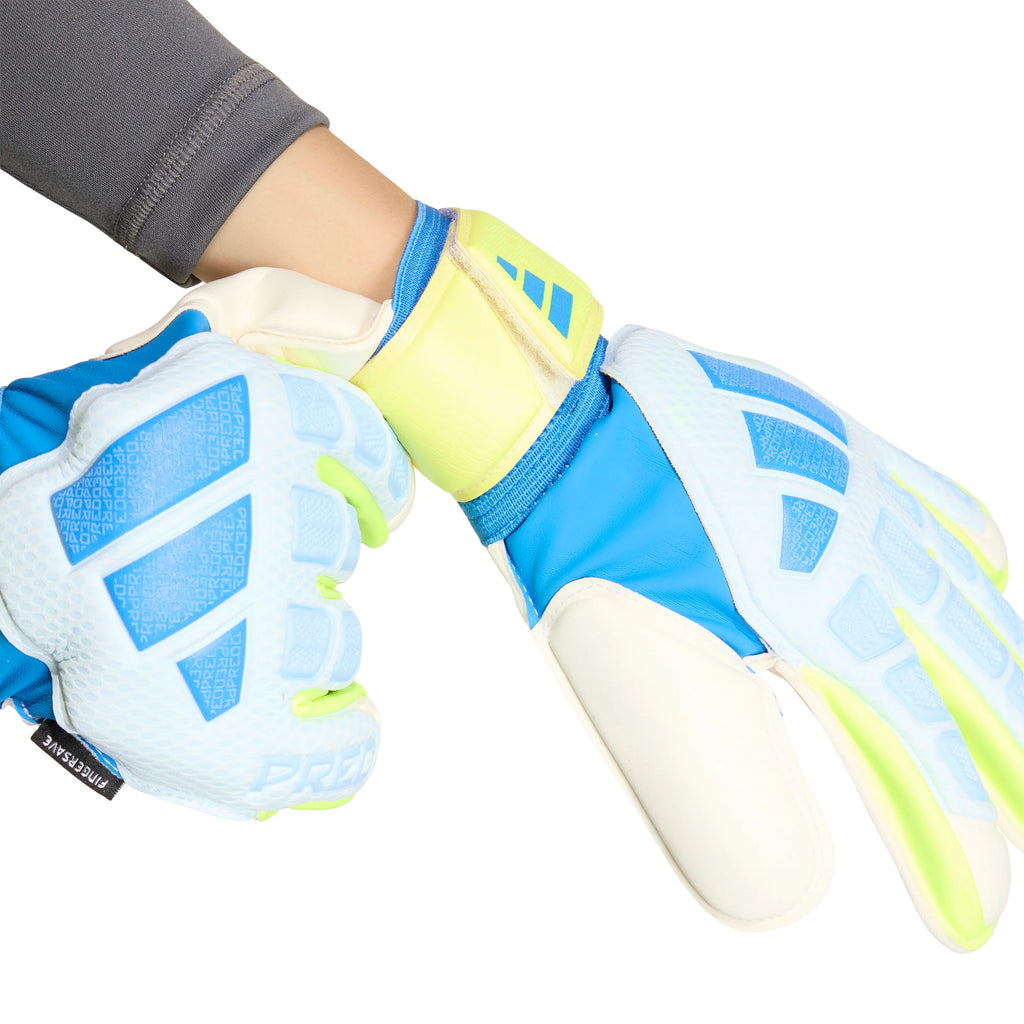 adidas Predator Match Fingersave Goalkeeper Youth Soccer Gloves Sky Blue Yellow