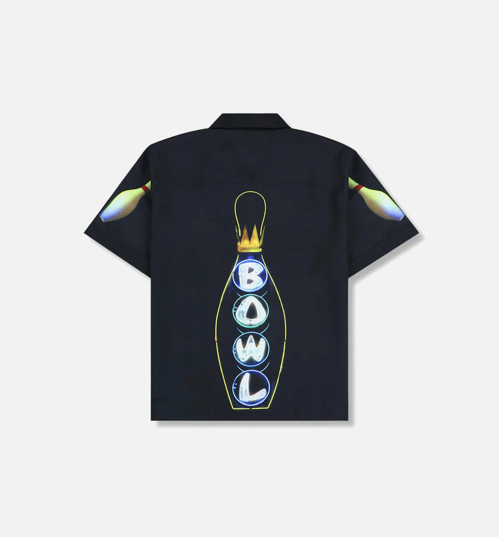 Big Lebowski Time To Bowl Button Up Mens Short Sleeve Shirt Black Red