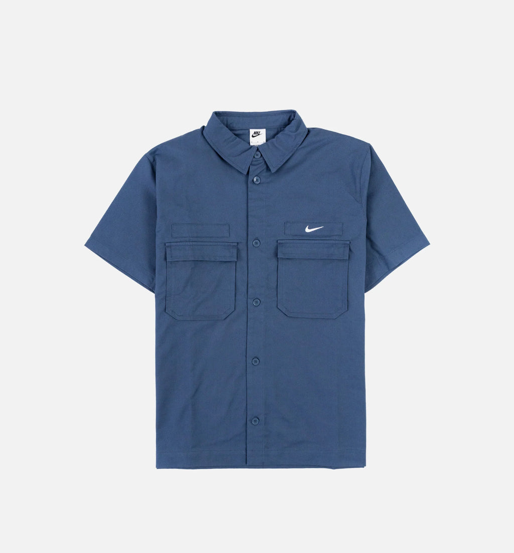 Woven Military Button Down Mens Short Sleeve Shirt Blue