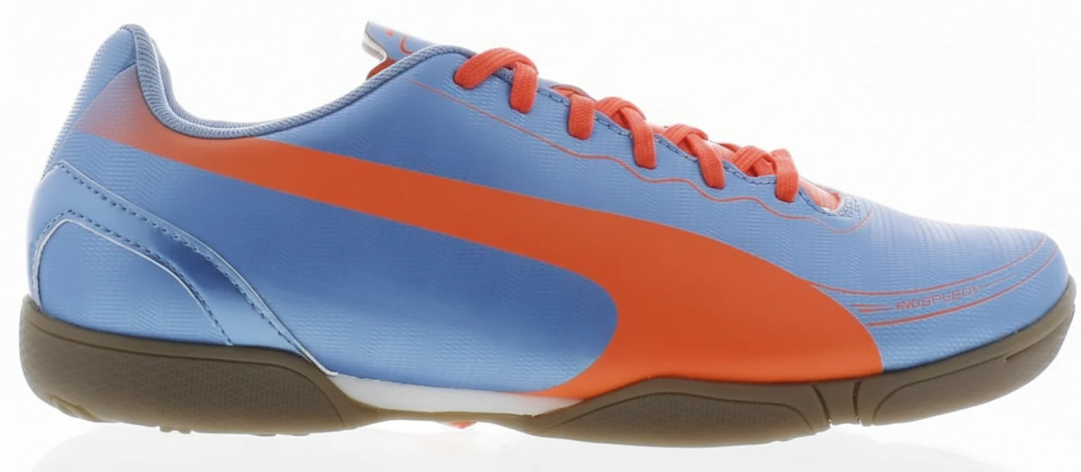 PUMA evoSPEED 52 IT Jr Youth Indoor Soccer Shoes Blue Fluro Peach