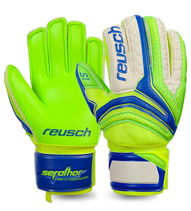 Reusch Serathor Prime S1 Finger Support Junior Goalkeeper Gloves Fluo Green Blue White