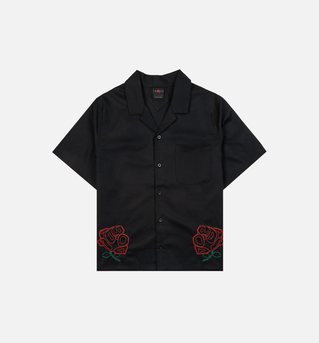 Roses Woven Button Up Womens Short Sleeve Shirt Black Red